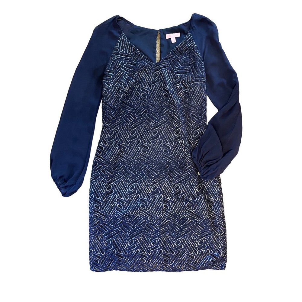 $268 Lilly Pulitzer 2 Carleigh Tunic Dress Bamboo Geo Lace Navy Metallic Silver - Picture 2 of 7